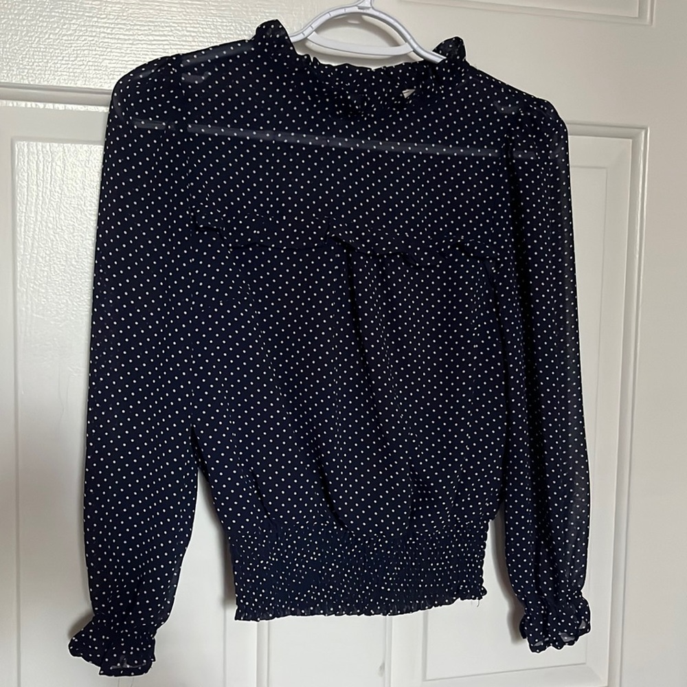 Navy and White Polkadot Blouse Size Small